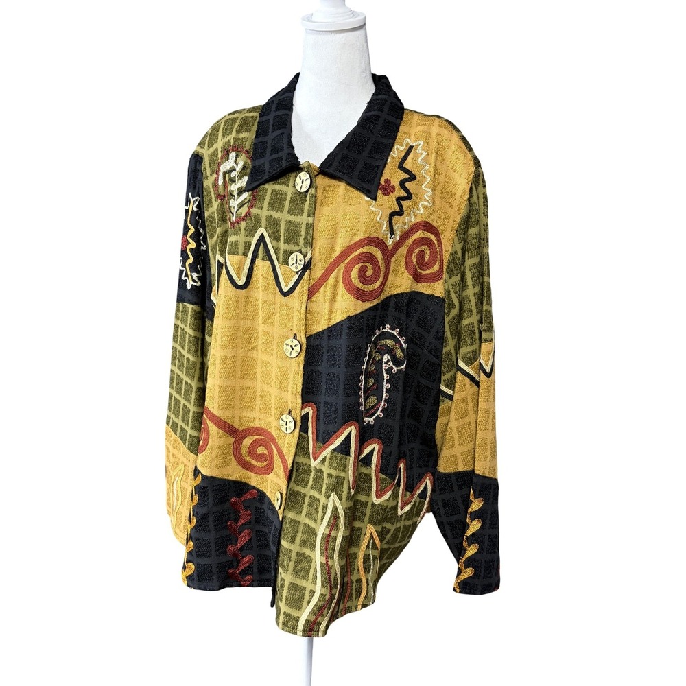 Allure Jacket Womens 2XL Multicolor Embroidered Patchwork Boho Button Front